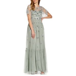 Adrianna Papell Frosted Sage Boho Beaded Mesh Gown Size 16 NWT